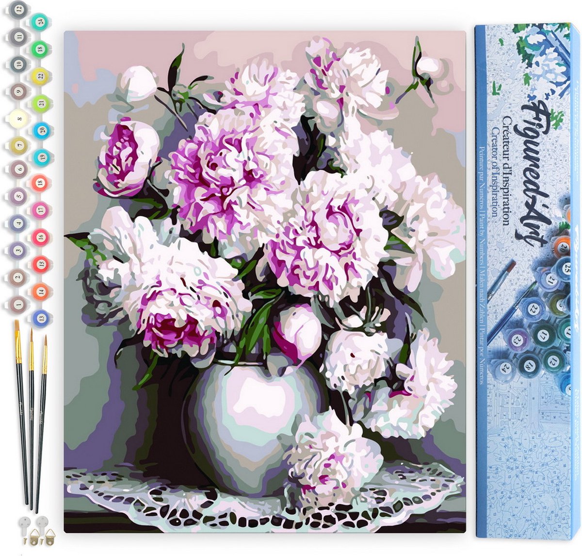 FiguredArt Schilderen op Nummer Volwassenen canvas Vaas met pioenrozen - Handwerk acrylverf Kit DIY Compleet - 40x50cm zonder frame